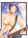  1girl adahcm bangs blue_eyes blue_hair blue_sky blunt_bangs blush boku_no_hero_academia breasts choker cleavage clouds collarbone earplugs electric_guitar guitar highres instrument jirou_kyouka navel o-ring short_hair shorts sky smile solo sweat 