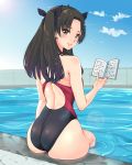  1girl absurdres black_hair black_swimsuit blue_sky book clouds commentary_request competition_swimsuit cowboy_shot day fate/stay_night fate_(series) from_behind gradient gradient_background green_eyes highres long_hair looking_at_viewer looking_back one-piece_swimsuit outdoors pool sarfata sitting sky smile solo swimsuit tohsaka_rin two_side_up water 