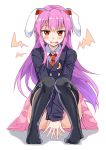  1girl animal_ears ass black_jacket blazer blush commentary crescent crescent_moon_pin e.o. eyebrows_visible_through_hair full_body highres jacket knees_up long_hair long_sleeves looking_at_viewer necktie no_shoes parted_lips pink_skirt pleated_skirt purple_hair rabbit_ears red_eyes red_neckwear reisen_udongein_inaba shadow simple_background sitting skirt smile solo thigh-highs tongue tongue_out touhou v_arms white_background wing_collar 