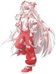  1girl baggy_pants bangs bow buttons collared_shirt dairi eyebrows_visible_through_hair fujiwara_no_mokou full_body hair_bow highres long_hair long_sleeves ofuda open_mouth pants red_eyes red_footwear red_pants ribbon shirt shoe_bow shoes solo standing suspenders tachi-e tears torn_clothes touhou very_long_hair white_bow white_hair white_shirt 