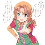  1girl bangs blue_eyes blush brown_hair collarbone dragon_quest dragon_quest_vii dress eyebrows_visible_through_hair fujimura_hinami hair_between_eyes hair_intakes hand_on_hip highres hood index_finger_raised long_hair long_sleeves looking_at_viewer maribel_(dq7) open_mouth simple_background solo speech_bubble translation_request wavy_hair white_background 