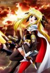  1girl absurdres armor bardiche black_gloves black_legwear blonde_hair cape clouds cloudy_sky elbow_gloves fate_testarossa gloves hair_ribbon high_heels highres holding lightning long_hair lyrical_nanoha mahou_shoujo_lyrical_nanoha mahou_shoujo_lyrical_nanoha_detonation morimoto_yufuki open_mouth outstretched_arm red_eyes ribbon skirt sky smile solo tagme thigh-highs twintails weapon 