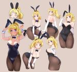  1girl animal_ears arm_at_side ass ayase_eli bare_shoulders beige_background black_legwear black_leotard blonde_hair blue_eyes blush bow bowtie breasts bunnysuit cleavage commentary cropped_legs detached_collar elbow_gloves fake_animal_ears from_behind gloves hand_up hands_on_floor hands_on_own_knees hands_up highres kurokawa_makoto large_breasts leaning_forward leotard long_hair looking_at_viewer love_live! love_live!_school_idol_project multiple_views one_eye_closed open_mouth pantyhose rabbit_ears seiza shiny shiny_clothes shoes simple_background sitting smile white_gloves 
