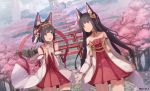  2girls animal_ears artist_name azur_lane bangs bare_shoulders black_hair blunt_bangs commentary_request detached_sleeves eye_contact eyebrows_visible_through_hair fox_ears hair_ornament highres japanese_clothes long_hair long_sleeves looking_at_another miko multiple_girls mutsu_(azur_lane) nagato_(azur_lane) open_mouth personification red_ribbon ribbon short_hair skirt stairs tagme thigh-highs twitter_username walking wide_sleeves yellow_eyes yu_ni_t 
