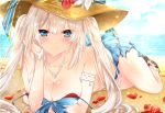  1girl arm_support armlet bare_shoulders bikini blue_bikini blue_eyes blush bracelet breasts cleavage collarbone commentary_request day eyebrows_visible_through_hair fate/grand_order fate_(series) hat jewelry long_hair looking_at_viewer marie_antoinette_(fate/grand_order) marie_antoinette_(swimsuit_caster)_(fate) medium_breasts necklace ocean outdoors pearl_necklace petals raimu_(yuzu-raimu) silver_hair smile solo strap_slip swimsuit thighs twintails water wet 