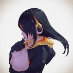  1girl black_hair black_jacket breasts earmuffs emperor_penguin_(kemono_friends) eyelashes finger_to_mouth from_side hair_over_one_eye hand_up highres hood hood_down hooded_jacket jacket kemono_friends large_breasts lips long_hair multicolored_hair nose open_clothes open_jacket open_mouth orange_hair profile solo straight_hair streaked_hair takami_masahiro turtleneck two-tone_hair upper_body 