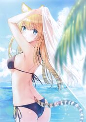  absurdres animal_ears arms_up ass bikini black_bikini blonde_hair blue_eyes blurry breasts cowboy_shot depth_of_field eyebrows_visible_through_hair from_behind halterneck highres hiten_(hitenkei) horizon long_hair looking_at_viewer looking_back medium_breasts ocean outdoors parted_lips scan side-tie_bikini sideboob strap_gap swimsuit tail tiger_ears tiger_tail toranoana 