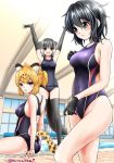  3girls animal_ears black_eyes black_gloves black_hair black_legwear black_swimsuit competition_swimsuit cowboy_shot elbow_gloves gloves indoors jaguar_(kemono_friends) kaban_(kemono_friends) kemono_friends kuroba_dam multiple_girls one-piece_swimsuit otter_ears otter_tail pool school_swimsuit short_hair sitting small-clawed_otter_(kemono_friends) swimsuit tail wavy_hair 