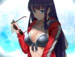  1girl alternate_costume bangs bikini blue_eyes blunt_bangs blush breasts choker cleavage collarbone cross day earrings eyebrows_visible_through_hair fate/grand_order fate_(series) frilled_bikini frills front-tie_bikini front-tie_top grey_bikini hair_over_shoulder holding holding_eyewear jacket jewelry large_breasts long_hair looking_at_viewer purple_hair rain red-framed_eyewear red_jacket saint_martha shade shiny shiny_skin skindentation smile solo sparkle sunglasses swimsuit tsuyadashi_shuuji upper_body very_long_hair wet wet_clothes 