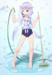  1girl barefoot blue_eyes broom crescent crescent_hair_ornament full_body hair_ornament highres hose kantai_collection name_tag new_school_swimsuit one_eye_closed purple_hair school_swimsuit see-through shiira_kan shirt short_hair short_hair_with_long_locks solo standing standing_on_liquid swimsuit swimsuit_under_clothes water wet wet_clothes wet_shirt wet_t-shirt yayoi_(kantai_collection) 