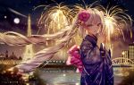  1girl :d bangs blue_eyes blue_kimono blush building city_lights cityscape commentary eiffel_tower eyebrows_visible_through_hair fate/apocrypha fate_(series) fireworks floral_print flower full_moon hair_flower hair_ornament hands_together highres japanese_clothes junpaku_karen kimono long_hair long_sleeves looking_at_viewer marie_antoinette_(fate/grand_order) moon night night_sky obi open_mouth river sash silver_hair sky smile solo twintails v very_long_hair water wide_sleeves 