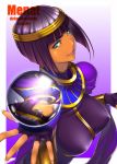  1girl bangs blunt_bangs bob_cut bracelet breasts commentary crystal_ball dark_skin erect_nipples fingerless_gloves gloves green_eyes jewelry ken19941028 large_breasts looking_at_viewer menat purple_hair reflection short_hair smile solo street_fighter street_fighter_v tiara usekh_collar 