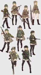  ak-47 assault_rifle blonde_hair boots braid bread camouflage eating evolution fangdan_runiu food fur_hat gun hat helmet highres holding holding_gun holding_weapon military military_hat military_uniform original rifle russian simple_background single_braid soldier thigh-highs uniform ushanka weapon 