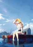  1girl :d ahoge arm_at_side arm_up bangs blonde_hair blue_sky blush boat building clouds commentary commission crop_top day eyebrows_visible_through_hair food fruit gabriel_dropout hair_between_eyes long_hair mountainous_horizon ocean open_mouth outdoors pear red_eyes shirt shirt_over_swimsuit sitting sketch_eyebrows sky smile solo sunlight tamomoko tenma_gabriel_white wading water watercraft white_shirt 