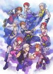  1girl 2boys age_progression blue_eyes brown_hair frown highres holding holding_weapon hood jewelry kairi_(kingdom_hearts) keyblade kingdom_hearts kingdom_hearts_i kingdom_hearts_ii kingdom_hearts_iii looking_at_another miyuli multiple_boys necklace open_mouth outstretched_arm redhead riku short_hair silver_hair sleeveless smile sora_(kingdom_hearts) spiky_hair tank_top v-neck weapon 