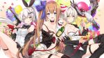  3girls :d :o :q ahoge alcohol animal anniversary ass ballista_(girls_frontline) balloon bangs bare_arms bare_shoulders belt bird black_bra black_jacket blonde_hair blouse blue_bow blue_eyes blush bottle bow bra breasts brown_eyes cake choker cleavage closed_mouth collarbone confetti dress eyebrows_visible_through_hair fal_(girls_frontline) ferret five-seven_(girls_frontline) five-seven_(gun) food girls_frontline gun hair_between_eyes hair_ornament hair_ribbon half-closed_eyes handgun hat highres holding holding_animal holding_bottle holding_cake jacket jewelry juna large_breasts lingerie long_hair long_sleeves looking_at_viewer microskirt multiple_girls off_shoulder one_eye_closed open_mouth party_hat pleated_skirt ponytail pouch ribbon short_hair side_ponytail sidelocks silver_hair single_thighhigh sitting skindentation skirt sleeveless_blouse smile sparkle sunglasses thigh-highs thigh_strap thighs tongue tongue_out trigger_discipline underwear very_long_hair weapon white_dress yellow_eyes 