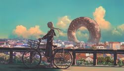  1girl absurdres bicycle black_serafuku blue_sky building clouds doughnut food ground_vehicle highres jun_(5455454541) long_hair long_skirt looking_away original scenery school_uniform serafuku silver_hair skirt sky solo standing wind 