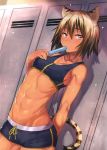  1girl abs absurdres animal_ears boyshorts breasts brown_hair cleavage collarbone cowboy_shot dark_skin dutch_angle eating food hair_between_eyes highres indoors locker locker_room mouth_hold navel popsicle rama_(amaru) scan short_hair short_shorts shorts small_breasts solo sweat swimsuit tail tankini tiger_ears tiger_tail toranoana yellow_eyes 
