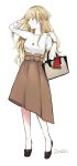  1girl alternate_costume bag belt belt_buckle black_eyes black_footwear blonde_hair braid brown_skirt buckle casual character_name commentary_request full_body handbag highres italian_flag jewelry kantai_collection long_hair long_skirt looking_away looking_to_the_side morinaga_miki necklace no_legwear no_socks one_side_up pendant profile shirt shoes side_braid simple_background skirt sleeves_past_elbows solo standing wavy_hair white_background white_shirt zara_(kantai_collection) 