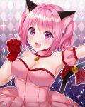  1girl :d animal_ears argyle argyle_background bell blush breasts cat_ears cat_tail choker cleavage commentary_request dress eyebrows_visible_through_hair fang gloves jingle_bell looking_at_viewer medium_breasts mew_ichigo momomiya_ichigo naomi_(fantasia) open_mouth pink_choker pink_dress pink_eyes pink_hair red_gloves short_hair smile solo sparkle sparkle_background tail tail_bell tokyo_mew_mew twintails 