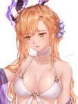  1girl asymmetrical_bangs bangs bare_shoulders bikini choker collarbone commentary_request granblue_fantasy hair_ornament hairband highres long_hair michudx orange_hair parted_lips pink_lips signature simple_background solo song_(granblue_fantasy) swimsuit wet white_background white_choker yellow_eyes 