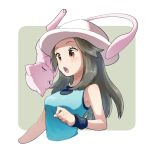  1girl bangs black_wristband blue_(pokemon) blue_shirt blush breasts brown_eyes brown_hair floating laughing long_hair mew miu_(miuuu_721) open_mouth pokemon pokemon_(game) pokemon_frlg shirt simple_background smile solo 