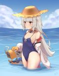  1girl azur_lane bangs bare_shoulders blue_sky blue_swimsuit blunt_bangs casual_one-piece_swimsuit choker clouds day devil-dantake dog flat_chest gloves hat highres horizon iron_cross jacket long_hair one-piece_swimsuit open_clothes open_jacket outdoors silver_hair single_glove sky solo straw_hat sun_hat swimsuit very_long_hair water white_jacket yellow_eyes yellow_gloves z46_(azur_lane) 