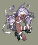 1girl ahoge amrkdrw animal_ears bandage bandaged_leg bare_shoulders belt belt_buckle black_belt black_footwear blindfold boots breasts buckle claws cleavage dark_skin fang full_body groin highres leg_belt long_hair navel open_mouth original paws purple_hair small_breasts solo squatting stomach tail very_dark_skin wolf_ears wolf_girl wolf_paws wolf_tail 