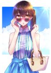  1girl absurdres alternate_costume bag blue_skirt blue_sky brown_eyes brown_hair casual clouds collared_shirt commentary_request cowboy_shot handbag highres kaga_(kantai_collection) kantai_collection long_hair looking_over_sunglasses mochiko_(mocchikkoo) muneate shirt side_ponytail skirt sky sleeveless sleeveless_shirt solo striped striped_shirt sun sunglasses 