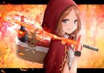  1girl :q apple bangs basket blood blood_from_mouth bottle bread capelet chacha_(fate/grand_order) closed_mouth commentary_request eyebrows_visible_through_hair fate/grand_order fate_(series) fire flaming_sword food forehead fruit hand_up highres holding holding_sword holding_weapon hood hood_up hooded_capelet japanese_clothes karu_(qqqtyann) katana kimono letterboxed licking_lips light_brown_hair long_hair parted_bangs red_apple red_capelet smile solo sword tongue tongue_out weapon white_kimono wine_bottle 
