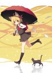  1girl animal_ears ascot backpack bag black_cat black_legwear black_skirt black_vest blonde_hair brown_footwear cat cat_ears cat_tail commentary_request eyebrows_visible_through_hair hair_between_eyes hair_ribbon highres holding holding_umbrella kemonomimi_mode kneehighs loafers long_sleeves looking_at_viewer miniskirt paper pleated_skirt red_eyes red_neckwear red_ribbon red_umbrella reflection ribbon ripples rumia running sh_(562835932) shirt shoes short_hair skirt solo tail thighs touhou two-tone_background umbrella vest white_background white_shirt wing_collar yellow_background 