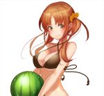  1girl bangs black_bikini_top breasts brown_hair character_request cleavage collarbone eyebrows_visible_through_hair floating_hair food fruit hair_ornament hair_scrunchie holding holding_food idolmaster idolmaster_cinderella_girls large_breasts long_hair orange_scrunchie scrunchie shiny shiny_hair simple_background smile solo standing twintails under_boob upper_body uro_(uro_zi) watermelon white_background yellow_eyes 