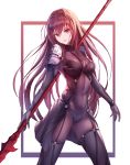  1girl bodysuit breasts covered_navel fate/grand_order fate_(series) gae_bolg highres holding holding_polearm holding_weapon light_smile long_hair looking_at_viewer medium_breasts minin982 pauldrons polearm purple_bodysuit red_eyes redhead scathach_(fate/grand_order) solo weapon white_background 