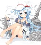  1girl barefoot belt black_shorts blue_eyes cannon commentary_request drum_(container) flat_cap front-tie_top full_body hammer_and_sickle hat hibiki_(kantai_collection) highres hizuki_yayoi kantai_collection long_hair looking_at_viewer machinery open_clothes shorts silver_hair simple_background sitting solo striped_bikini_top toes torpedo turret verniy_(kantai_collection) white_background white_hat 