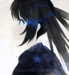 1girl bangs black_hair black_jacket black_rock_shooter black_rock_shooter_(character) blue_eyes character_name checkered copyright_name jacket ji_dao_ji long_hair looking_away parted_lips profile sidelocks solo star twintails uneven_twintails 
