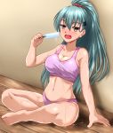  1girl alternate_hairstyle aqua_hair barefoot bra breasts brown_eyes cleavage commentary_request food hair_ornament hairclip highres indian_style kantai_collection long_hair looking_at_viewer open_mouth panties pink_bra pink_panties ponytail popsicle sitting solo sports_bra suzuya_(kantai_collection) sweat underwear zanntetu 