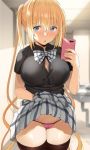  1girl bangs black_shirt blend_s blonde_hair blue_eyes blush breasts brown_legwear bursting_breasts cellphone grey_neckwear grey_skirt hair_between_eyes hinata_kaho hips large_breasts long_hair looking_at_viewer noripachi open_mouth panties phone pink_panties plaid plaid_skirt shirt short_sleeves skirt solo thigh-highs thighs twintails underwear very_long_hair 