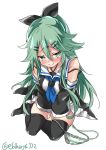  1girl black_legwear blush bow breasts closed_mouth crying crying_with_eyes_open ebifurya eyebrows_visible_through_hair full_body green_eyes green_hair hair_between_eyes hair_bow hair_ornament hairclip highres kantai_collection long_hair looking_at_viewer neckerchief panties school_uniform seiza simple_background sitting small_breasts solo tears twitter_username underwear very_long_hair white_background yamakaze_(kantai_collection) 