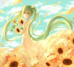  1girl backless_dress backless_outfit blue_sky day dress eyebrows_visible_through_hair floating_hair flower green_eyes green_hair hair_between_eyes hair_ornament hatsune_miku highres holding holding_flower lan_jue long_hair looking_at_viewer looking_back outdoors petals sky sleeveless sleeveless_dress smile solo standing strapless strapless_dress sunflower very_long_hair vocaloid white_dress yellow_flower 