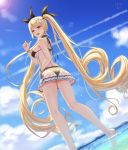  1girl 5555_96 ass azur_lane bangs bare_shoulders bikini black_bikini black_ribbon blonde_hair blue_sky blush breasts clouds day eyebrows_visible_through_hair flower from_below hair_flower hair_ornament hair_ribbon highres large_breasts long_hair looking_at_viewer nelson_(azur_lane) ocean open_mouth outdoors pleated_skirt pointing pointing_at_viewer red_eyes ribbon see-through shoulder_blades side-tie_bikini sidelocks signature skindentation skirt sky solo standing swimsuit thighs twintails twisted_torso very_long_hair wristband 