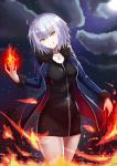  1girl ahoge bangs black_dress blue_jacket blunt_bangs building collarbone cowboy_shot dress fate/grand_order fate_(series) fire grin hand_on_hilt head_tilt jacket jeanne_d&#039;arc_(alter)_(fate) jeanne_d&#039;arc_(fate)_(all) jewelry looking_at_viewer moon necklace night open_clothes open_jacket outdoors randoru shiny shiny_hair short_dress short_hair silver_hair sky smile solo standing star_(sky) starry_sky yellow_eyes 