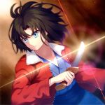  1girl bangs black_hair blue_eyes blue_kimono closed_mouth dagger diffraction_spikes floating_hair fur_collar glint highres holding holding_dagger holding_weapon jacket japanese_clothes kaina_(tsubasakuronikuru) kara_no_kyoukai kimono long_sleeves open_clothes open_jacket red_jacket ringed_eyes ryougi_shiki serious short_hair solo unzipped v-shaped_eyebrows weapon wind zipper 