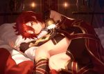  1boy alexander_(fate/grand_order) armlet axe bangs banner battle_axe blush bracer brown_gloves brown_skirt cape closed_mouth commentary earrings elbow_gloves eyebrows_visible_through_hair fate/grand_order fate_(series) fingerless_gloves fur-trimmed_gloves fur_trim gloves gold_trim hair_between_eyes hoop_earrings indoors jewelry kaina_(tsubasakuronikuru) lamp looking_at_viewer lying male_focus on_bed on_side parted_bangs pillow pillow_hug polearm red_cape red_eyes redhead scabbard sheath sheathed skirt solo spear sword turtleneck waist_cape weapon 