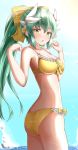  1girl absurdres ass bangs bikini blue_sky blush bow breasts chestnut_mouth cleavage clouds collarbone day dragon_horns eyebrows_visible_through_hair fate/grand_order fate_(series) green_hair hair_between_eyes hair_bow hair_ornament hands_up high_ponytail highres horizon horns kiyohime_(fate/grand_order) kiyohime_(swimsuit_lancer)_(fate) large_breasts long_hair looking_at_viewer moyoron ocean outdoors parted_lips ponytail sky solo swimsuit very_long_hair water yellow_bikini yellow_bow yellow_eyes 