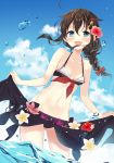  bikini blue_eyes blush braid brown_hair flower hair_flower hair_ornament highres kantai_collection naoto_(tulip) sarong sarong_lift shigure_(kantai_collection) single_braid smile swimsuit 