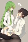  1boy 1girl bangs black_hair black_legwear black_pants breasts c.c. cleavage code_geass eye_contact eyebrows_visible_through_hair from_side girl_on_top green_hair grey_background hand_on_another&#039;s_ass hand_on_another&#039;s_cheek hand_on_another&#039;s_face heart highres lelouch_lamperouge long_hair looking_at_another lucky_keai medium_breasts pants parted_lips shiny shiny_hair shirt sitting smile thigh-highs very_long_hair violet_eyes white_shirt yellow_eyes 