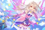  1girl :d blonde_hair blue_sky boots clouds commentary_request detached_sleeves dress earrings energy_wings eyebrows_visible_through_hair fate/kaleid_liner_prisma_illya fate/stay_night fate_(series) flying hair_between_eyes hair_ornament illyasviel_von_einzbern jewelry long_hair looking_at_viewer magical_girl multicolored multicolored_clothes multicolored_dress one_side_up open_mouth prisma_illya_(zwei_form) red_eyes rie_(reverie) sky smile solo star star_earrings thigh-highs thigh_boots v wand white_footwear 