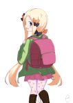  1girl :d abigail_williams_(fate/grand_order) alternate_costume backpack bag bangs black_bow blonde_hair blue_eyes blush boots bow brown_footwear commentary_request eyebrows_visible_through_hair fate/grand_order fate_(series) forehead green_jacket hair_bow hands_up heart heart_print highres holding jacket knee_boots kneepits kujou_karasuma long_hair long_sleeves looking_at_viewer looking_back low_ponytail open_clothes open_jacket open_mouth orange_bow pantyhose parted_bangs pink_legwear pleated_skirt polka_dot polka_dot_bow ponytail print_legwear profile red_skirt signature skirt smile solo very_long_hair 
