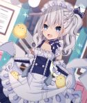  1girl :d absurdres animal apron apron_hold azur_lane bangs belchan_(azur_lane) belfast_(azur_lane) bird blue_dress blue_eyes blurry blurry_background blush braid depth_of_field dress dutch_angle elbow_gloves eyebrows_visible_through_hair frilled_apron frills gloves hair_between_eyes highres indoors long_hair looking_at_viewer one_side_up open_mouth sapphire_(sapphire25252) silver_hair sleeveless sleeveless_dress smile solo waist_apron white_apron white_gloves younger 