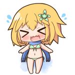  &gt;_&lt; 1girl bare_arms bare_legs bare_shoulders barefoot bikini blonde_hair blue_scarf blush breasts chibi chisaki_tapris_sugarbell closed_eyes commentary_request facing_viewer flying_sweatdrops fringe front-tie_bikini front-tie_top full_body gabriel_dropout green_bikini hana_kazari head_tilt medium_breasts navel open_mouth scarf side-tie_bikini solo standing swimsuit wavy_mouth white_background 